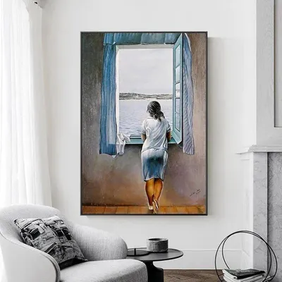 Produktbild von Mädchen am Fenster – Leinwandbild, Kunstdruck, Poster, Kunst, Frau, Meeresblau, Bild für Wohnzimmer, Heimdekoration, 60 x 90 cm, ungerahmt