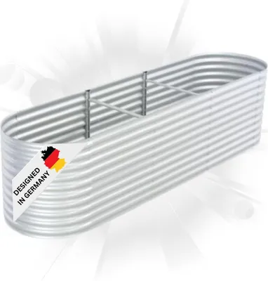 A silver, oval-shaped raised garden bed made of corrugated metal, shown from a diagonal angle against a white and light gray background with radiating lines.