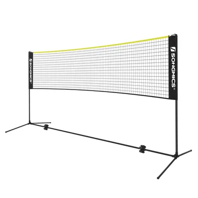 Produktbild von SONGMICS 5 m Badmintonnetz, Tennisnetz, höhenverstellbar, Set bestehend aus Netz, stabilem Metallgestell und Transporttasche, schwarz-gelb SYQ500B02