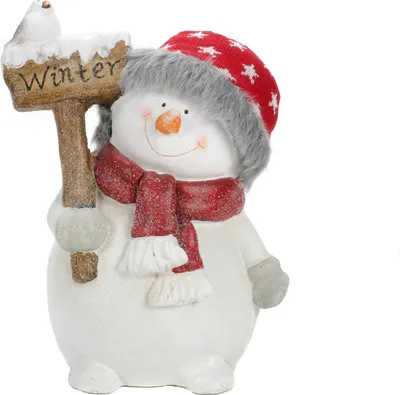 Produktbild von Weihnachtsfigur glitzernder Schneemann mit Kunsthaaren und echter Strickmütze, Indoor freistehende weihnachtliche Dekofigur, ca. 37.5 cm groß