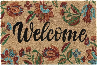 Zdjęcie produktu dla Wycieraczka Relaxdays z włókna kokosowego, z motywem kwiatowym i napisem „Welcome”, 40 x 60 cm, do użytku wewnątrz i na zewnątrz, antypoślizgowa, odporna na warunki atmosferyczne, kolorowa
