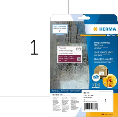 Produktbild von HERMA 4584 Wetterfeste Folienetiketten, 10 Blatt, 210 x 297 mm, 1 pro A4 Bogen, 10 Stück, selbstklebend, bedruckbar, matt, blanko Klebeetiketten Aufkleber aus Folie, weiß