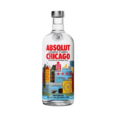 Produktbild von Absolut Vodka Chicago 0,75L mit TAG – Limited Edition 2013 - Olive-Rosmarin Aromatisierter Wodka, Künstlerdesign von Ross Bruggink, Sammlerflasche