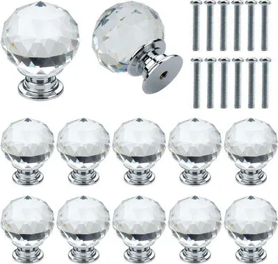Produktbild von Unyqoos® 12er Set 30 mm K9-Kristall-Knöpfe – transparente Kugelgriffe mit Zinklegierungs-Basis & Schrauben, Höhe 38 mm, Einloch, für Schrank/Kommode/Schublade