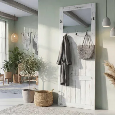 Produktbild von Garderobe Wandgarderobe mit Spiegel Wandhaken 180x65x7cm, Shabby-Look, Vintage - weiß
