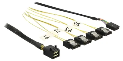 Produktbild von Adapterkabel Mini SAS HD SFF-8643 > 4x SATA 7 Pin Reverse (schwarz, 1 Meter, mit Sideband)