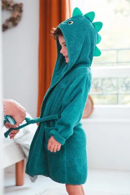 Productafbeelding van Teksmoda badjas voor kinderen met capuchon, dinosaurusmotief, donkergroen, maat 116