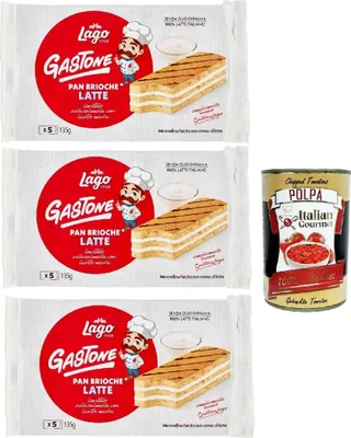 Produktbild von Lago 1968, Le Merende di Gastone Pan Brioche al Latte 3x 135 g, Kuchen Snacks mit natürlichem Sauerteigmilchcreme, ohne Palmöl + Italian Gourmet polpa 400g