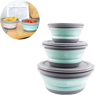 Produktbild von Tragbare Camping Faltbare Schüssel,Salatschüssel Mit Covers,Camping Reise Silikon Schüssel 3 PCS Faltbare Frischhalteboxen zum Wandern,Reisen,Grün