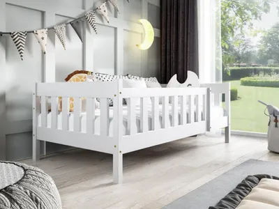Produktbild von MTJMöbel Kinderbett POLA 160x80cm mit Matratze, Hausbett mit Sicherheitsgeländer, Weiß Holz