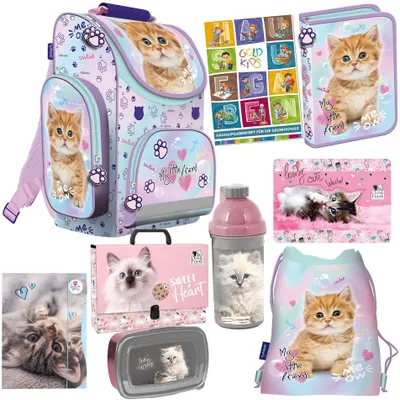 Produktbild von Schulranzen für Jungen und Mädchen, 9er-Set - Schul-Rucksack für Kinder mit Federmäppchen - Schuhbeutel Brotdose Trinkflasche Sammelmappe - Katze