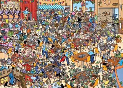 A busy scene of people gathered at tables, possibly at a competition or event, with many details and characters.
