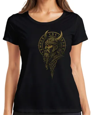 Produktbild von Wikinger Kriegerporträt Runen Helm Odin nordische Mythologie Damen T-Shirt, Schwarz, XL