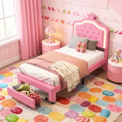 Produktbild von INONEFT Kinderbett 90x200 cm mit LED, Einzelbett mit Lattenrost & Schublade, Prinzessinnenbett mit verstellbarem Kopfteil, PU, ohne Matratze, Rosa