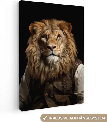 Produktbild von MuchoWow® - Leinwandbilder - Löwe - Porträt - Schwarz - Tier, Wandbild, Wanddeko Bilder Wohnzimmer, 80x120cm