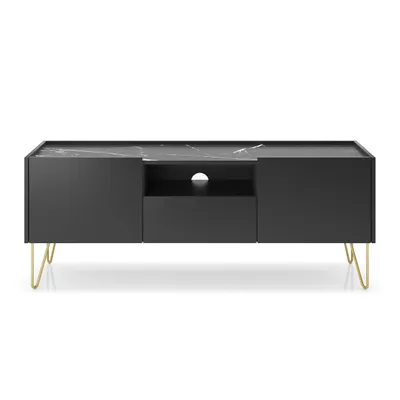 Zdjęcie produktu dla Nowoczesna Czarna Szafka RTV Balance 144 cm na Złotych Nóżkach, 2 Szafki i Szuflada