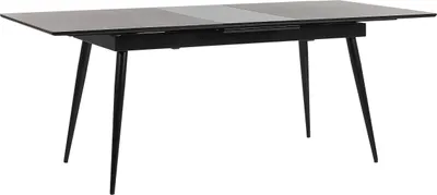 A rectangular dining table with black legs and a gray tabletop, shown from a slightly elevated front-left angle against a white background.