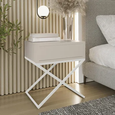 Image de AX LIVING Table de nuit moderne Aleio X 45 cm de large, beige, pietement blanc