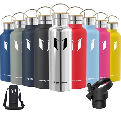 Produktbild von Edelstahl Trinkflasche 350ml/500ml/620ml/750ml/1L Auslaufsicher BPA-Frei mit 2 Deckeln