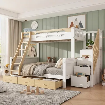Produktbild von okwish Etagenbett 90/140×200 mit 3 Bettkästen und Stauraumtreppe, Jugendbett mit Sicherheitsgeländer,Viel Stauraum,Weiß,ohne Matratze, KI-generiertes Bild