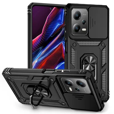 Immagine prodotto di Custodia per Xiaomi Redmi Note 12 Pro 5G a doppio strato con copertura scorrevole della fotocamera e supporto ad anello nero