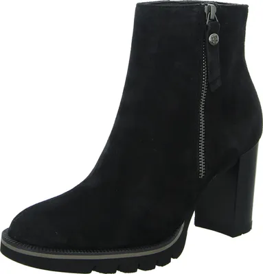 A single black ankle boot is shown against a white background.