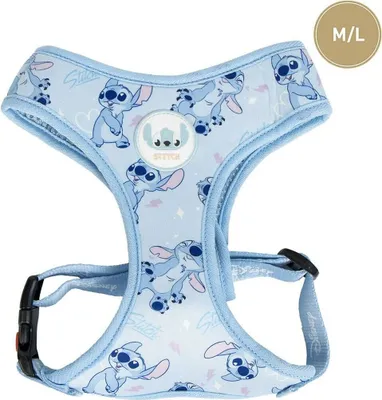 A light blue dog harness with a Stitch pattern.