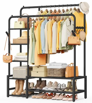 Productafbeelding van SONGMICS Kledingrek, garderobestandaard met 7 plateaus, metalen frame – zwart, afmetingen 115,8 cm (breedte)