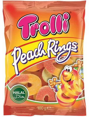 Obrázek produktu pro Trolli Broskvové kroužky Halal žvýkačka s pěnovým cukrem 100g