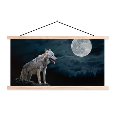Produktbild von MuchoWow® Textilposter Wolf - Mond - Nacht - Tiere - Porträt 120x60 cm mit holzfarbenen Rahmen - Klemmleiste