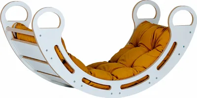 A white wooden rocking arch with a mustard yellow cushion, isolated on a white background.