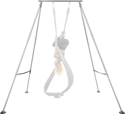 Zdjęcie produktu dla Rama do jogi, maksymalne obciążenie 140,6 kg Stojak huśtawkowy, trójkątna konstrukcja Stojaki do podciągania się, stojaki do aerial silk z regulowaną wysokością i aluminiowymi nogami, górna belka ze stali nierdzewnej