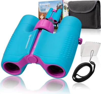A pair of blue and purple children's binoculars is displayed on a white background, along with its packaging, a carrying case, and a cleaning cloth.