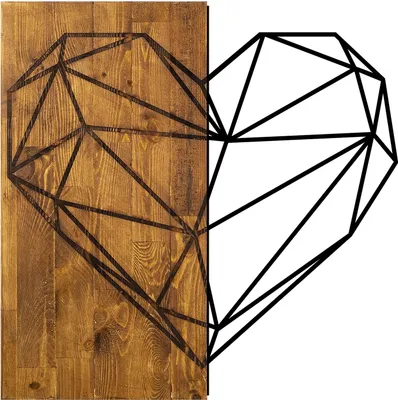 A geometric heart shape is depicted, with the left half on a wooden background and the right half as a black line drawing on a white background.