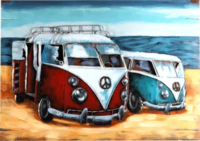 Produktbild von Wandbild Metallbild Strandbus 2er Rot Blau 100x70cm handgefertigt Relief Unikat