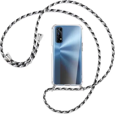 Produktbild von Handykette Backcover-Schutzhülle mit Band (Metall silberfarben) für Realme 7 (RMX2151) - schwarz/grau/weiß