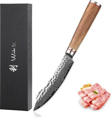 Produktbild von Wakoli Nussbaum Damast Steakmesser mit 12,5 cm Klinge I Nussbaumholzgriff