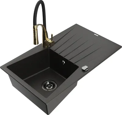 Produktbild von Mexen Cesar 1 Becken-Granitspüle mit Abtropffläche und Mischbatterie Aster, Schwarz/Gold metallisch - 6514-75-73450-57-B