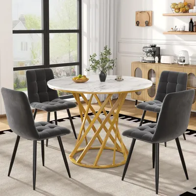 Produktbild von Essgruppe Esstisch mit 4 Stühlen Rund 80x80x76 cm Weiß mit Gold Metallbeinen & Samtstühlen