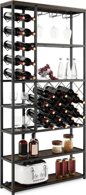 Zdjęcie produktu dla Regał na wino – regał na 27 butelek – z uchwytami na kieliszki – szafka barowa w stylu industrialnym – wszechstronny regał metalowy – brązowy