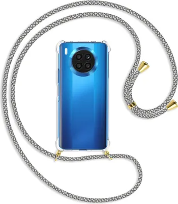 Produktbild von Handykette Backcover-Schutzhülle mit Band (Metall goldfarben) für Huawei nova 8i / Honor 50 Lite - weiß/grau kariert