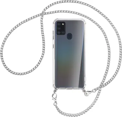 Produktbild von Handykette Backcover-Schutzhülle mit Band (Metall silberfarben) für Samsung Galaxy A21s - silberfarbene Kette