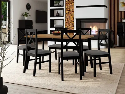 Obrázok produktu pre Rozkladací jedálenský stôl 140 cm so 6 stoličkami ADELBITE 3 - dub grandson / čierny / oceľový šedý