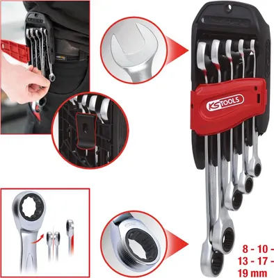 A collage of images showing a set of KS Tools ring wrenches, including a lifestyle shot of them being carried on a belt, a close-up of a wrench head, and a detailed view of a ratcheting wrench mechanism.