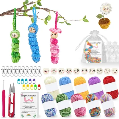 Produktbild von Häkelset Sorgenwürmchen 102 Teile mit Holzperlen & Garn für DIY