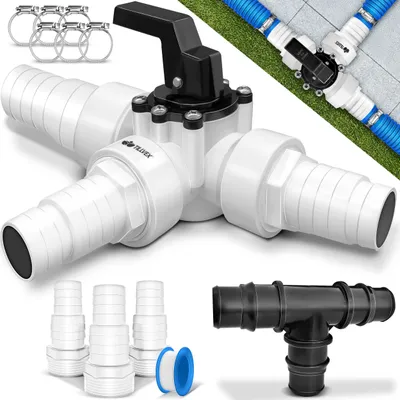 Produktbild von tillvex® Bypass Set Pool 12-dielny - Ø32 a 38 mm prípojka | 3-cestný ventil a ABS adaptér | 6x hadicové svorky a 8 m izolačná páska - ideálne pre pieskové filtračné systémy, tepelné čerpadlá a ohrev bazéna (čierna)