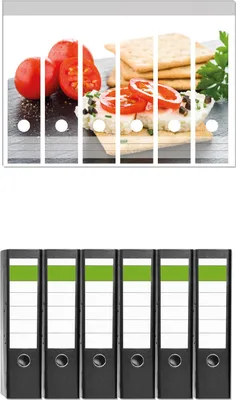 Produktbild von Wallario 6 Stück breite Ordner inkl. Klebeetiketten mit Motive Frisches Knäckebrot mit Tomaten und Käse -  Set mit Rückenschildern / Ordnerrücken Stickern