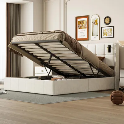 Produktbild von SUNFECILI Polsterbett 140x200 cm,Boxspringbett 140x200,mit Lattenrost,Weicher Rückenlehne und Kopfteil,USB,LED,Doppelbett,Jugendbett, Samt Stoff,Beige
