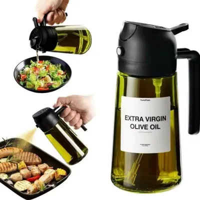 Produktbild von 470ml Öl Sprühflasche - 2 in 1 Ölspender und Ölsprüher - Ölspray mit Etiketten - Küchen Gadgets für Kochen, Salat und Grill - Schwarz