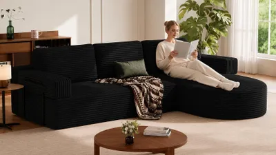 Zdjęcie produktu dla Sofa narożne Cord, rozkładane, w kształcie litery L, z zaokrąglonym elementem wypoczynkowym